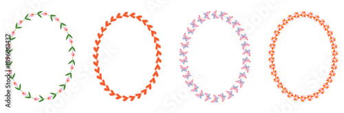 Set of spring oval decorative frames with flowers, hearts and butterflies in pastel colors. Cute floral borders for greeting cards, wedding invitations, posters, stationery, scrapbooking, social media