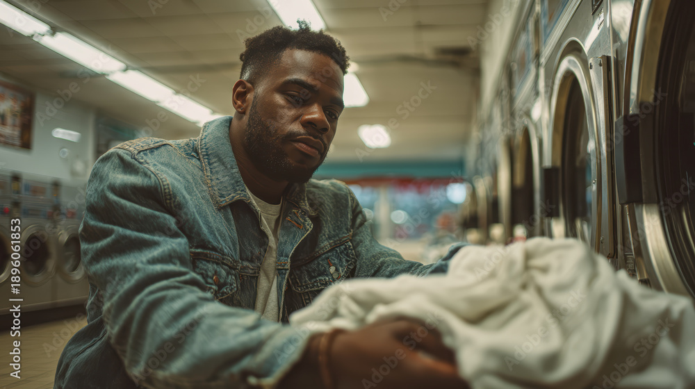 Obraz premium Man in Denim Jacket Folding Laundry in a Laundromat
