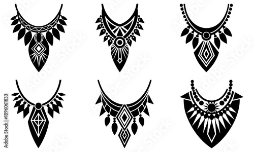 Collection of traditional ethnic necklace designs with intricate patterns from various cultures displayed in a grid layout