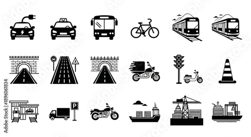 Flat black icon collection showing city lifestyle elements, weather, homes, people, and daily activity symbols. This set represents urban living, smart lifestyle, and modern city concepts. Ideal for m