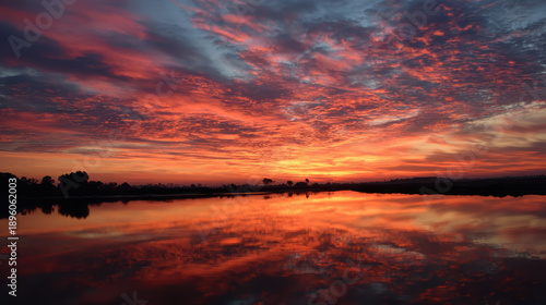 Dramatic Sunset Over Calm Lake with Reflective Waters