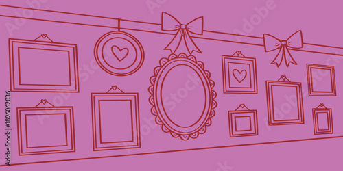 A collection of various picture frames on a pink wall, showcasing different shapes and sizes, with a festive bow at the top