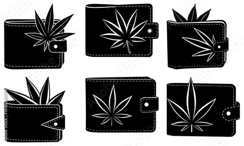 Collection of black wallets with cannabis leaves illustrated in various orientations and designs on a plain white background