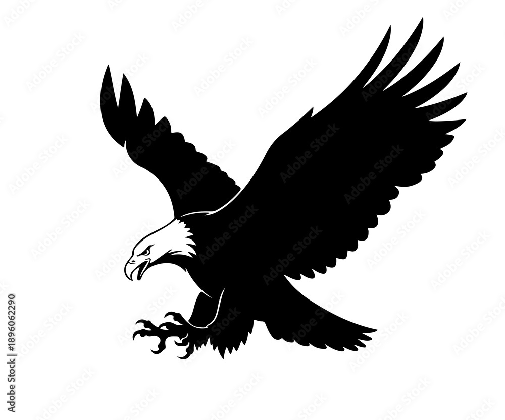 Fototapeta premium A black silhouette of an eagle in flight on a white background