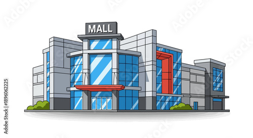 Modern flat vector illustration of a shopping mall building with glass facade and commercial architecture. This image represents retail business, shopping centers, consumer lifestyle, and urban commer