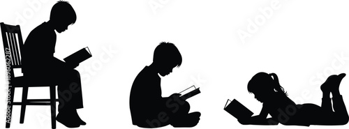 Children reading books silhouette illustration showing different sitting and lying poses symbolizing education learning imagination and knowledge on white background