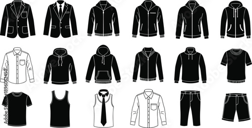 Men clothing icons set illustration, casual formal apparel collection, jackets shirts hoodies pants silhouettes vector isolatedMen clothing icons set illustration, casual formal apparel collection, ja