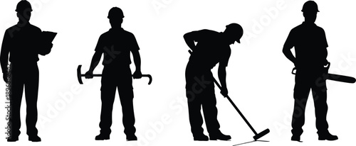 Construction workers silhouette set showing industrial labor tools safety helmets and professional workforce on white background illustration concept
