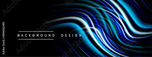 Abstract flowing lines create dynamic background. Blue, white hues contrast against black space. Modern design element.