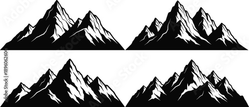 Mountain silhouette set, black and white peaks, dramatic alpine shapes, snow-capped ridge design, nature logo elements, outdoor illustration