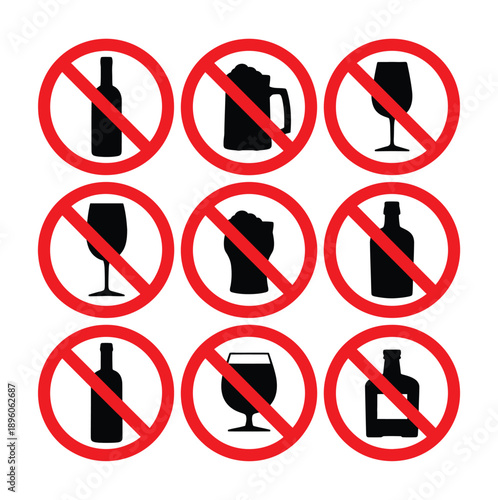 No Alcohol and Drinking Prohibition Sign Icon Set