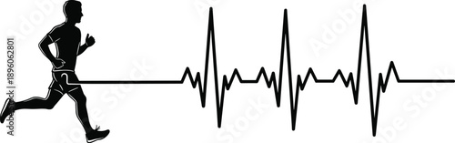 Running man silhouette connected with heartbeat pulse line, fitness and cardio training concept, healthy lifestyle, sport activity black vector illustration