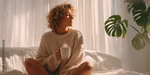 Woman holding a mug of hot drink in a cozy indoor setting