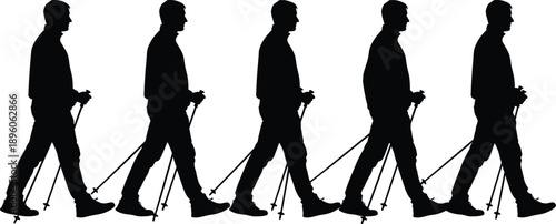 Sequence of man walking with trekking poles silhouette, outdoor hiking motion concept, fitness activity, healthy lifestyle, endurance training illustration