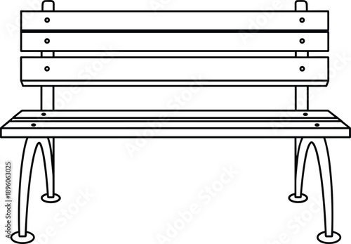 Park bench line art, outdoor furniture icon, black vector sketch, public seating, minimal design, urban element, wooden slats, bench silhouette, architectural detail, street furniture, simple bench