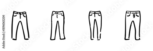 Four Pants Line Icon Set In Doodle Style. Fashion Apparel, Clothing Variety, And Casual Wear Outline Sketch Collection. Hand Drawn Isolated Vector Illustration