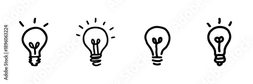 Light Bulb Line Icon Set In Doodle Style. Innovation, Creativity, And New Ideas Outline Sketch Collection. Hand Drawn Isolated Vector Illustration