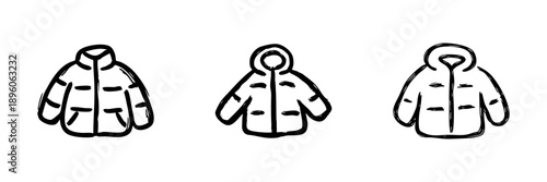Winter Jacket Line Icon Set In Doodle Style. Cold Weather Clothing, Outerwear Fashion, And Warmth Protection Outline Sketch Collection. Hand Drawn Isolated Vector Illustration