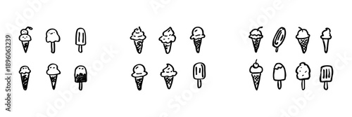 Ice Cream And Popsicle Line Icon Set In Doodle Style. Sweet Treats And Dessert Variety Outline Sketch Collection. Hand Drawn Isolated Vector Illustration