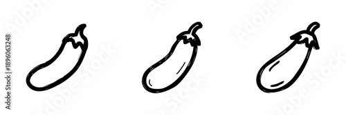 Eggplant Vegetable Line Icon Set In Doodle Style. Fresh Produce, Healthy Eating, And Vegetarian Diet Outline Sketch Collection. Hand Drawn Isolated Vector Illustration