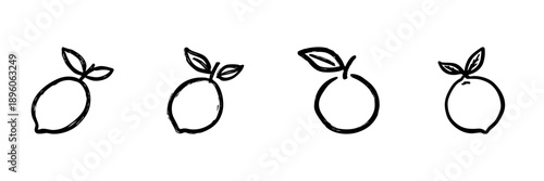 Lemon And Orange Line Icon Set In Doodle Style. Citrus Fruit Representation And Healthy Eating Outline Sketch Collection. Hand Drawn Isolated Vector Illustration