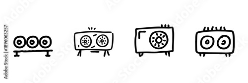 Graphics Card Cooling Fan Line Icon Set In Doodle Style. Computer Hardware, Gpu Cooling, And Technology Components Outline Sketch Collection. Hand Drawn Isolated Vector Illustration