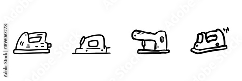 Electric Sander Line Icon Set In Doodle Style. Woodworking, Surface Smoothing, And Power Tool Outline Sketch Collection. Hand Drawn Isolated Vector Illustration