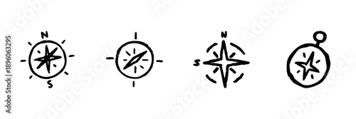 Compass Line Icon Set In Doodle Style. Navigation, Direction, And Exploration Symbols Outline Sketch Collection. Hand Drawn Isolated Vector Illustration