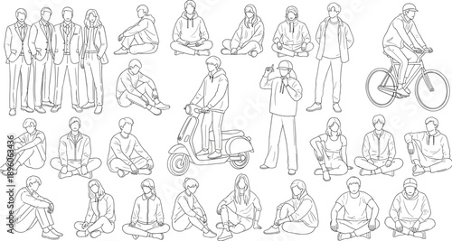 People line art collection, men and women poses, casual lifestyle characters, sitting standing walking figures, outline illustration setPeople line art collection, men and women poses, casual lifestyl