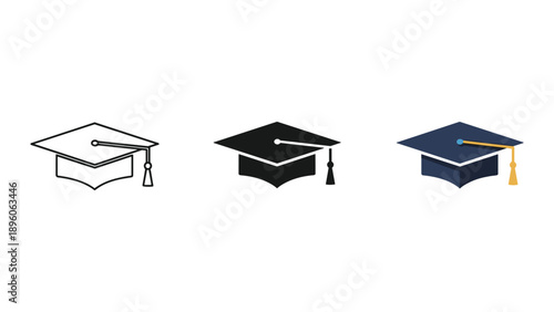 Graduation cap icons set for education and achievement