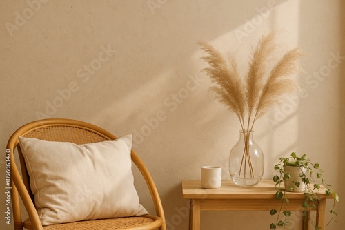 Pampas grass in a vase on a table with chair and cushion