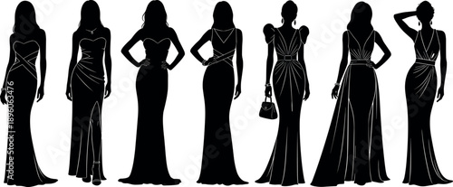 Collection of Seven Elegant Women Silhouettes Wearing Long Evening Gowns for Fashion Design and Red Carpet Events Vector Illustration
