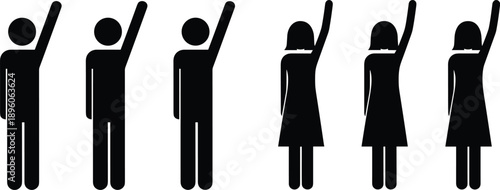 People silhouette icons, male and female figures, raised hand gesture, black vector design, gender diversity, unity symbol, participation clipart, human graphic, standing pose,