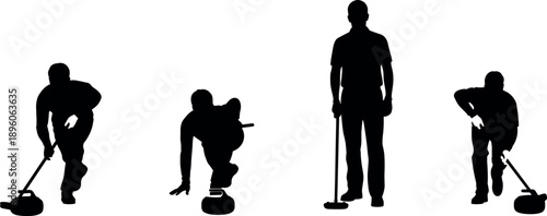 Curling Player Silhouettes Set of Athletes Sweeping and Delivering Stones for Winter Sport Competition Vector
