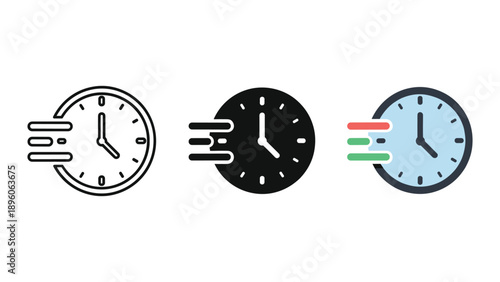 Three different clock icons showing time and motion