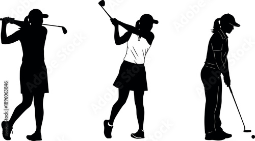 Female Golf Player Silhouettes Set of Woman Golfers Swinging and Putting Vector Illustration Isolated on White Background