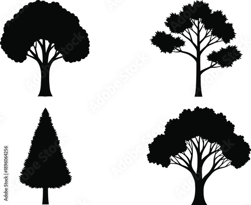 ree silhouette collection, botanical vector set, black tree shapes, nature design, foliage clipart, forest illustration, tree diversity, plant icons, tree outline, minimal tree art, t