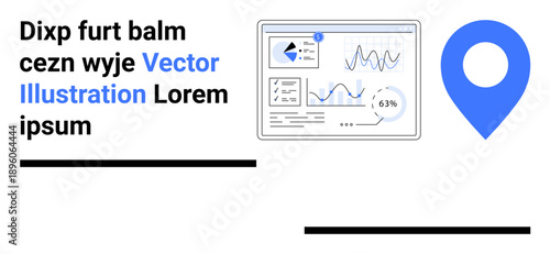 Data analysis, geolocation tracking, business strategy, statistics, digital marketing, technology integration. Visual with an analytics dashboard and geolocation pin. Data analysis and geolocation
