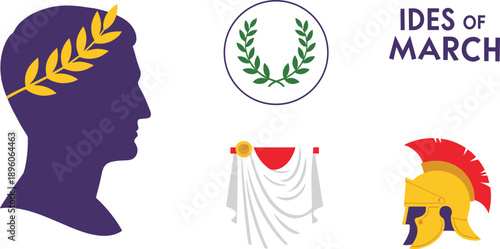 Ides of march roman senator silhouette illustration with golden laurel wreath vector design