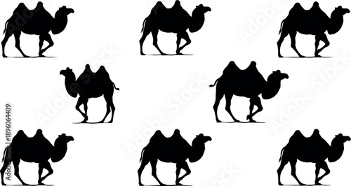 Seamless Pattern of Black Bactrian Camel Silhouettes on White Background Vector Illustration