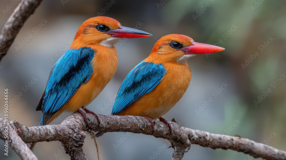 Fototapeta premium Two colorful birds perched on a branch