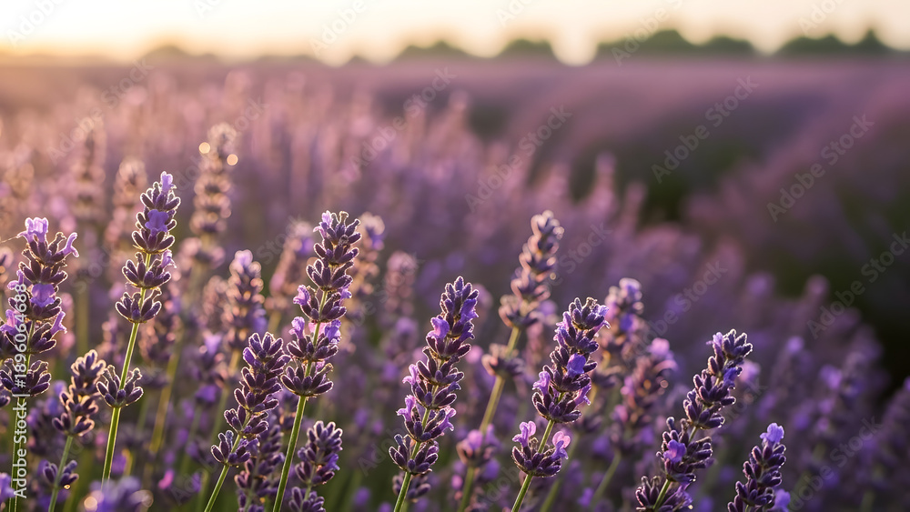 Obraz premium Lavender field at sunset with blooming flowers in the foreground and a blurred background landscape