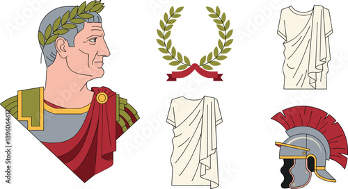 Roman emperor bust with laurel wreath toga and helmet vector illustration
