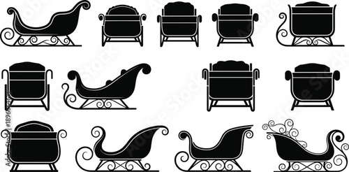 Santa sleigh silhouette collection, black festive designs, Christmas sleigh styles, holiday vector elements, seasonal illustration, decorative graphic set