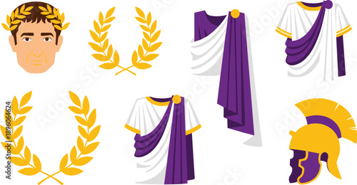 Roman emperor head with toga clothing and golden laurel wreath vector illustration graphics