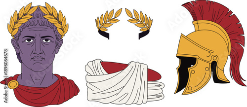 Roman emperor vector silhouette line art illustration with a laurel wreath and soldier helmet