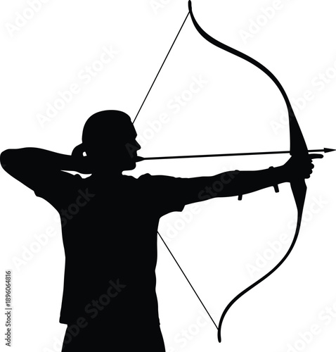 Silhouette archer, bow and arrow, precision shot, archery stance, focused aim, sports posture, black background, hunting, target practice, traditional weapon, athletic pose