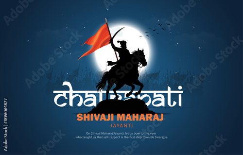 Fotografía Chhatrapati Shivaji Maharaj Jayanti Illustration with Warrior Silhouette, Saffro