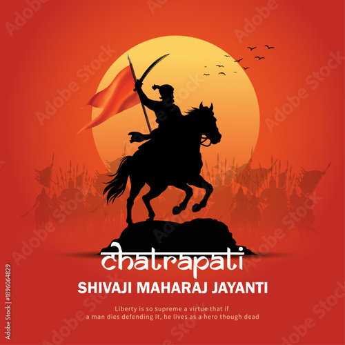 Chhatrapati Shivaji Maharaj Jayanti Poster with Warrior Silhouette, Saffron Flag and Sunset Background