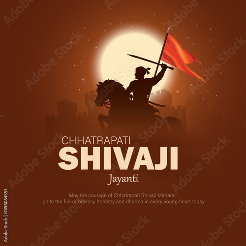 Fotografía Chhatrapati Shivaji Maharaj Jayanti Poster with Warrior Silhouette, Flag and Moo